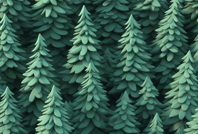 The primary subject of the image is a group of green trees, which are the main objects in the scene. The setting is a forest, with the trees being the primary background. The visual style is a digital art or illustration, as the trees are depicted in a detailed and realistic manner. The dominant colors in the image are green, which gives the scene a natural and serene atmosphere.
